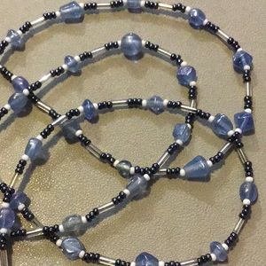 Long LightWeight Beaded Necklace, small Blue beads, smaller micro seed beads